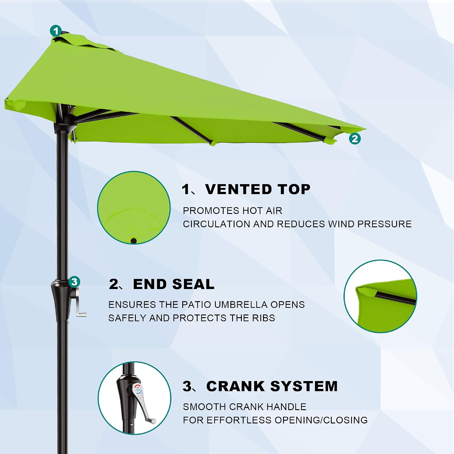 AreShark 9FT Half Patio Umbrella, Outdoor Wall Umbrella with Crank & 5 Sturdy Ribs, Table 1/2 Umbrella Patio for Garden, Deck, Balcony and Pool, Apple Green