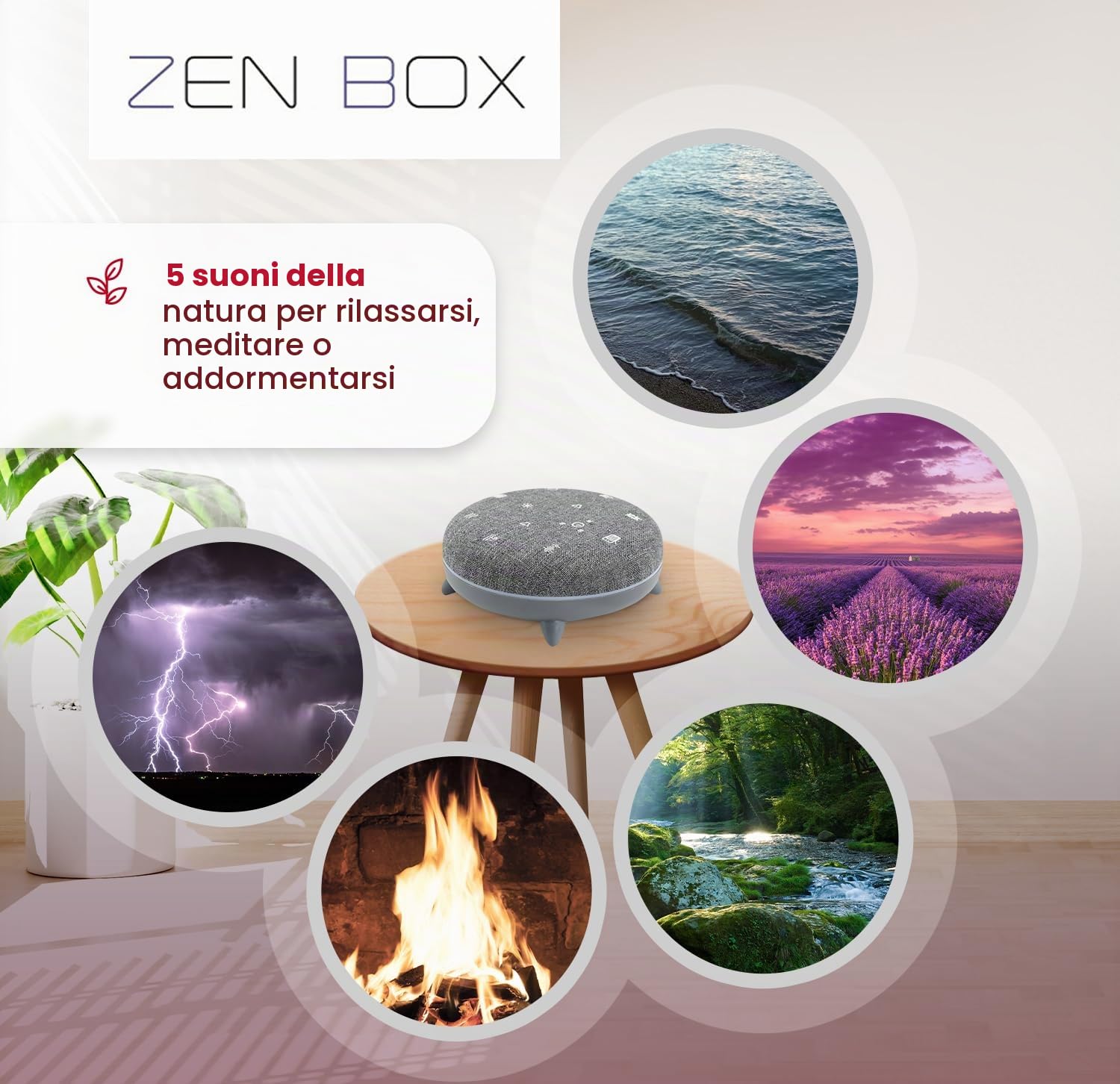 TERRAILLON - ZEN BOX, Assistenza per addormentarsi, Macchina a rumore bianco con 7 suoni rilassanti, streaming musica tramite Bluetooth, 7 atmosfere luminose, programmi 30-60-90 min, USB-C