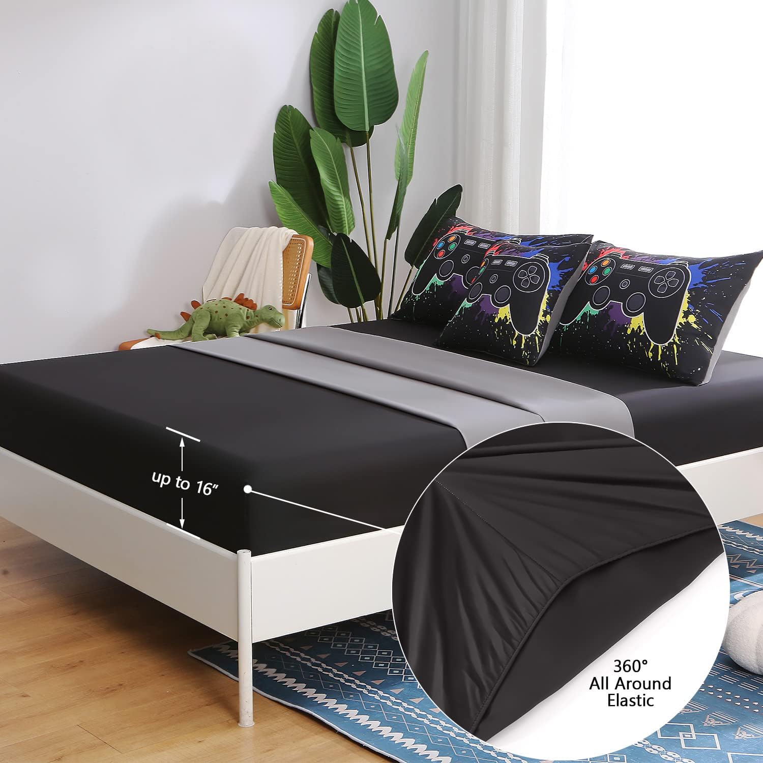 6Pcs Gamer Comforter Set with Sheets for Boys Girls Kids Teens, Colorful Graffiti Gaming Themed Bed in A Bag Twin Size, Black 3D Video Game Controller Bedroom Decor Bedding Set - Image 6