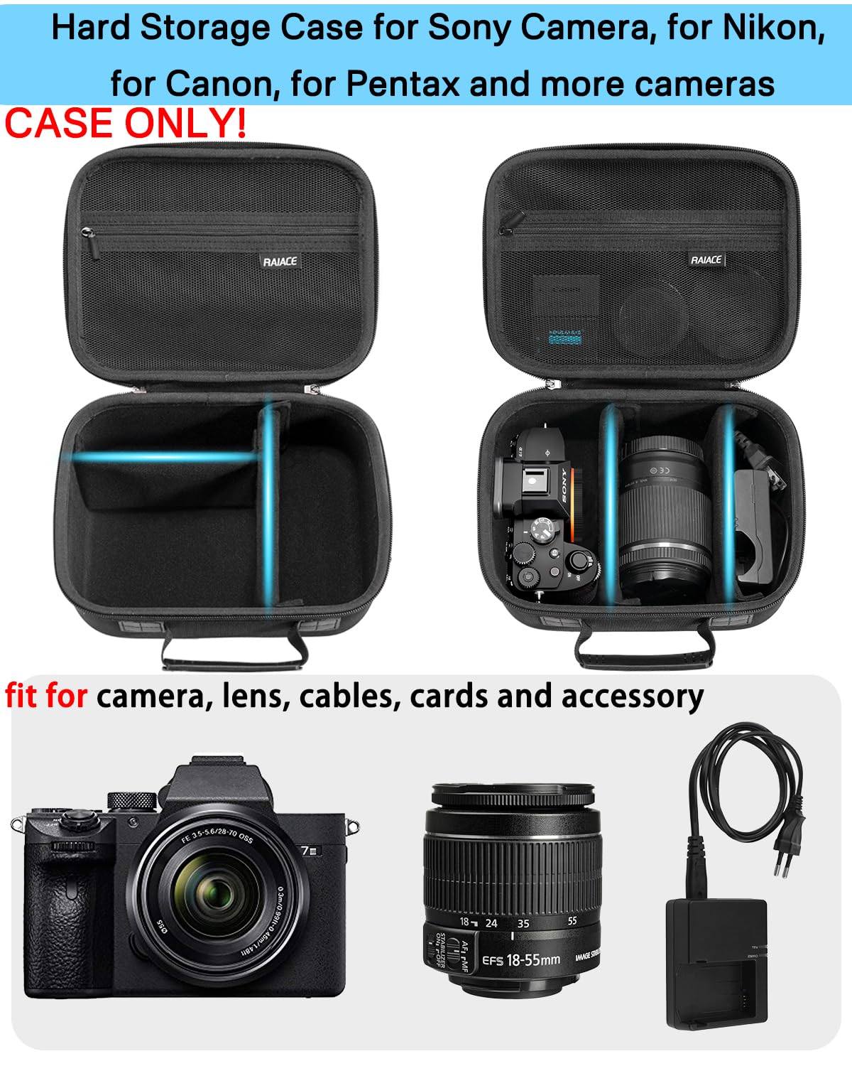 RAIACE Hartschalenetui kompatibel mit der Sony Alpha 7 II III IV/7R V Kamera, für Nikon, Canon, Pentax und mehr. Netzfach für Ladegerät, Kabel, Karten und Zubehör. (Nur Etui) – Schwarz