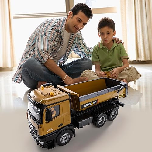 Miniatura 7 de YAZHIYI Camión volquete RC de juguete, camión volquete de control remoto de 10 canales para niños, vehículos de construcción de metal resistente,