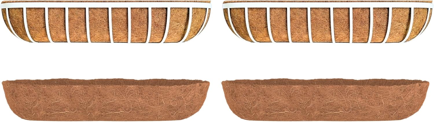 LaLaGreen Bundle- 2 Pack, 36 Inch White Metal Basket with Coco Liner + 2 Pack, 36 Inch Coconut Coir Replacement Wall Hanging Fence Planter Outdoor Window Railings Fence Flower Pot Modern Balcony Decor