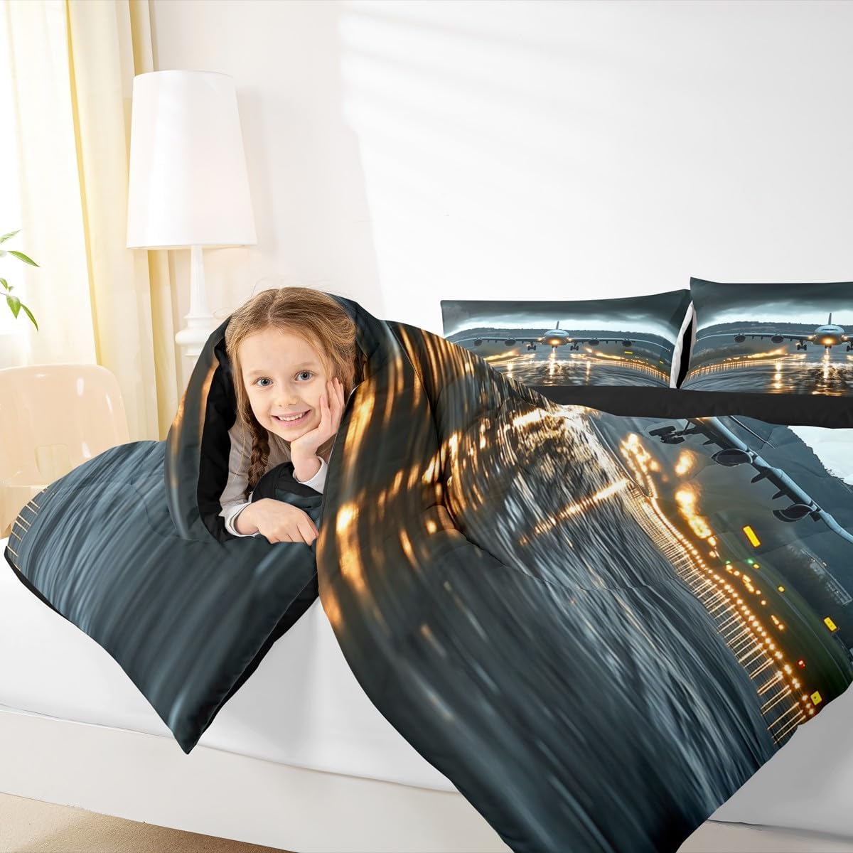 Castle Fairy Airport Airplane Bedding Set,Black Clouds Natural Scenery Comforter Set for Kids Teens Adults,Modern Cool 3D Plane Print Comforter Duvet Set with 2 Pillowcases Full Size 3 Pcs