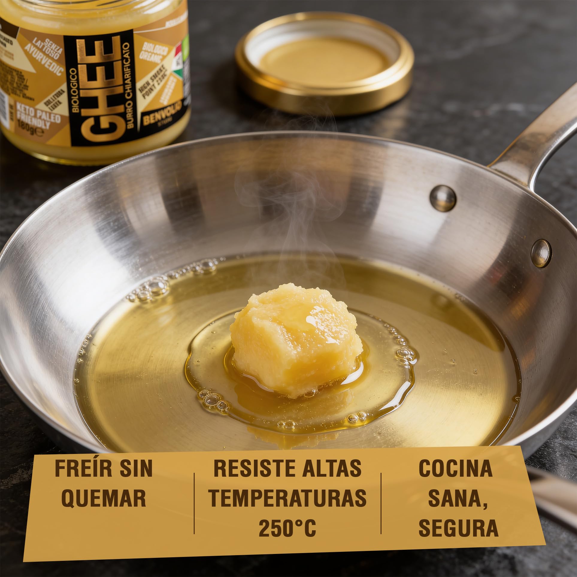 Benvolio Ghee Mantequilla Clarificada Ecológica 180g Italiana Sin Lactosa Alto Punto de Humo 250°C