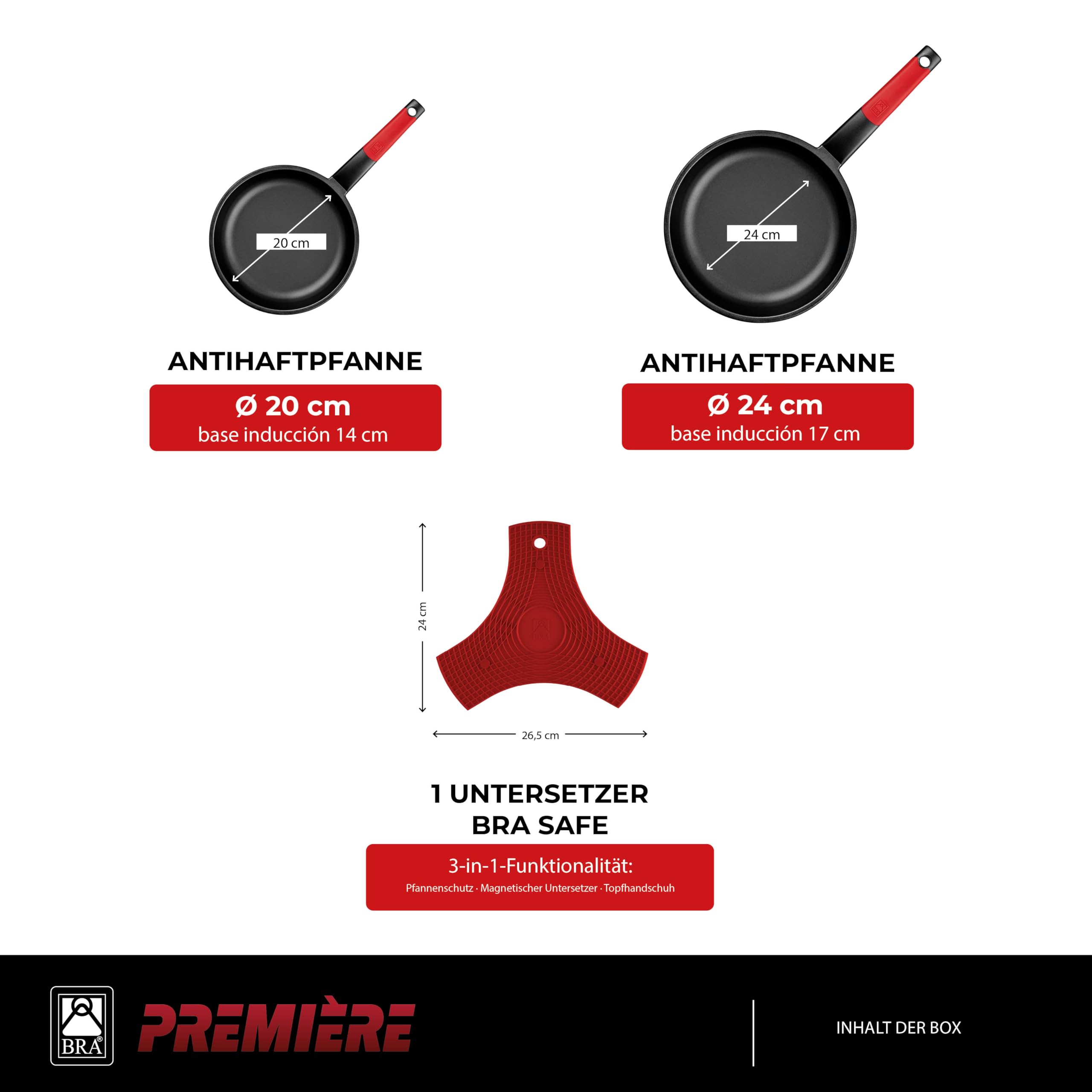 BRA Premiere | Set aus 20 und 24 cm großen Bratpfannen aus Aluminiumguss mit Antihaftbeschichtung, geeignet für alle Herdarten, einschließlich Induktion, inklusive Untersetzer, Rot, 20|24 cm
