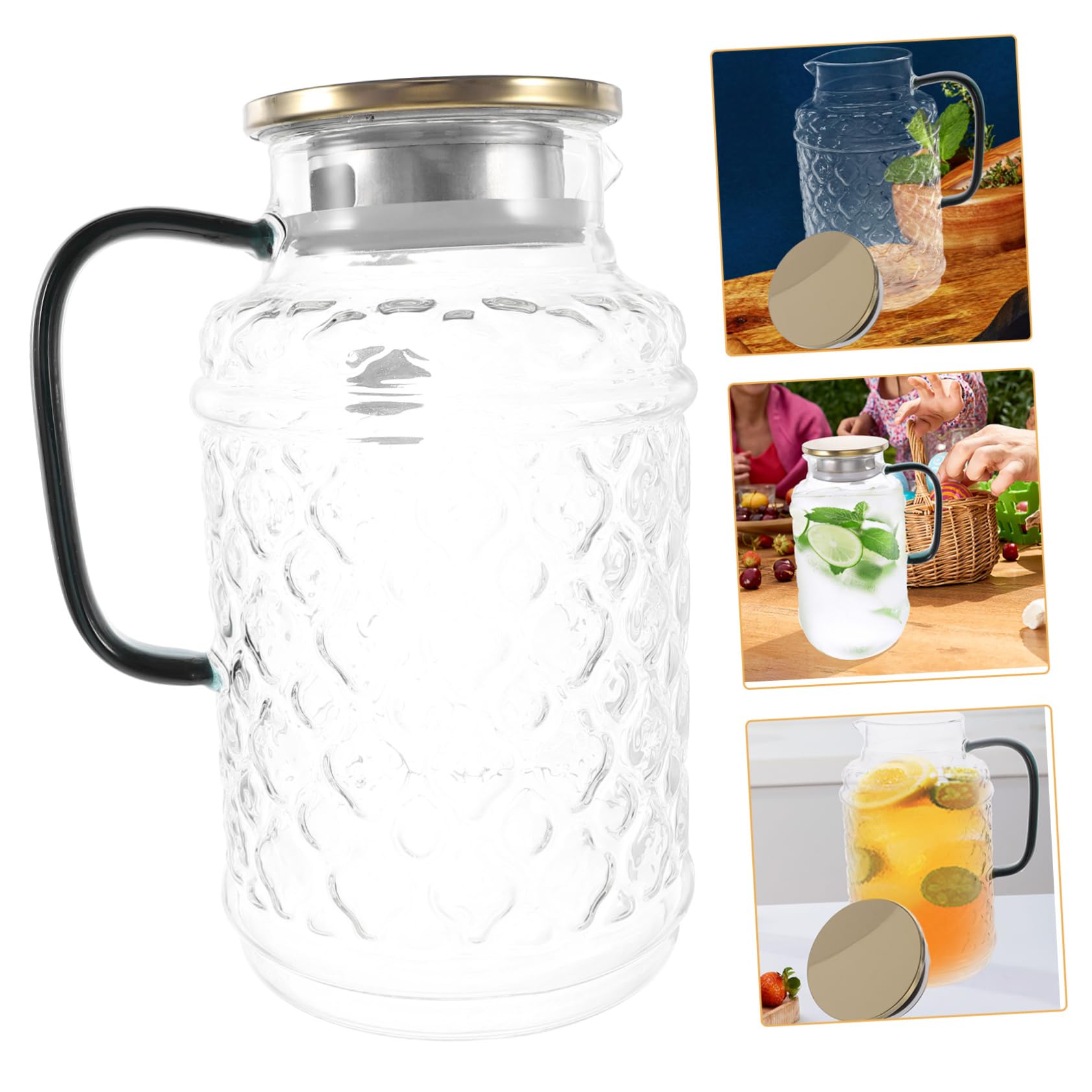 Jarra de Vidrio Grande 1.7l con Tapa y Asa, Contenedor de Agua Hecho de Vidrio Grueso, Diseño Antigoteo, para Uso Doméstico y Sala de Estar, Jarra de Bebida Práctica Cocina,