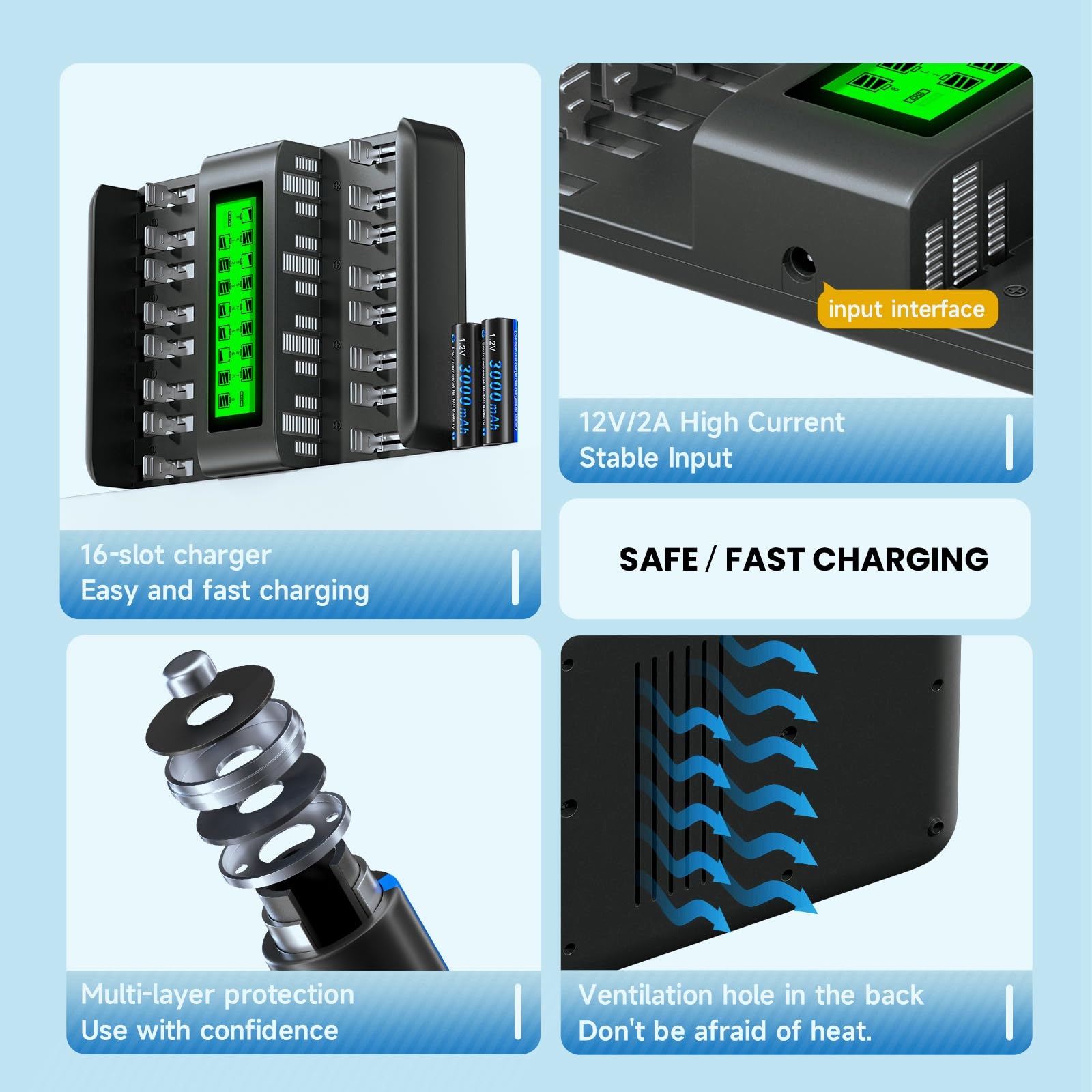 Palo Cargador de batería Inteligente de 12 bahías, AA,AAA,Ni-MH,Ni-CD Cargador de baterías Recargables con Pantalla LCD Inteligente y Descarga y protección IC integrada