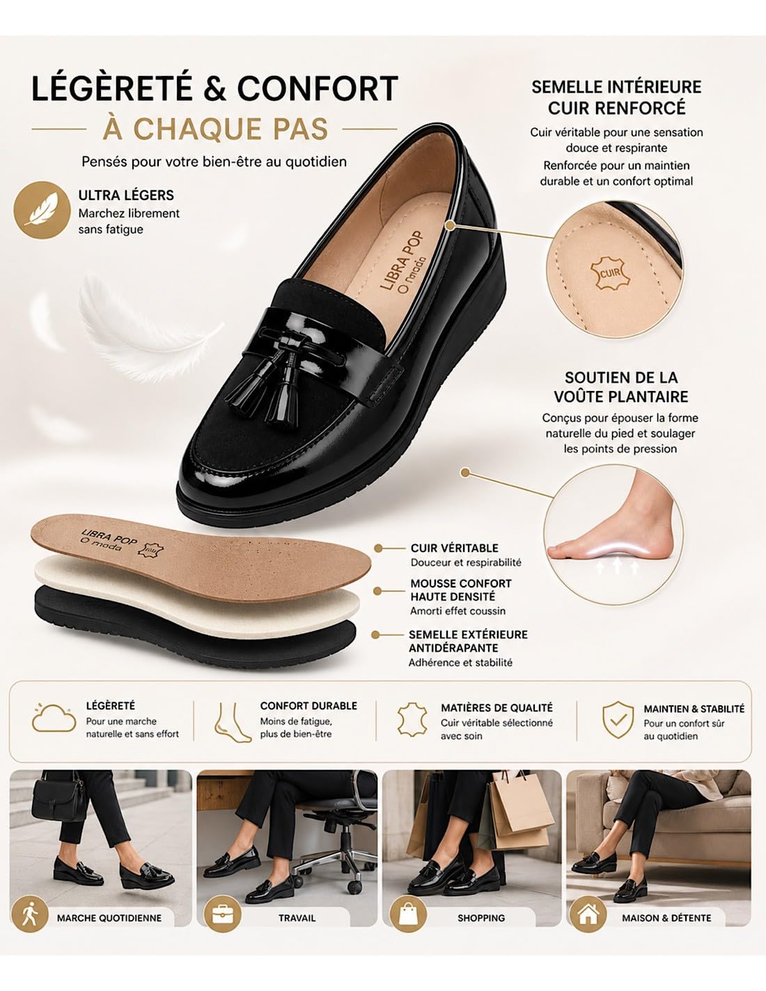 Mocassins Vernis Femme Semelle compensée Confort intérieur Cuir & Pampille