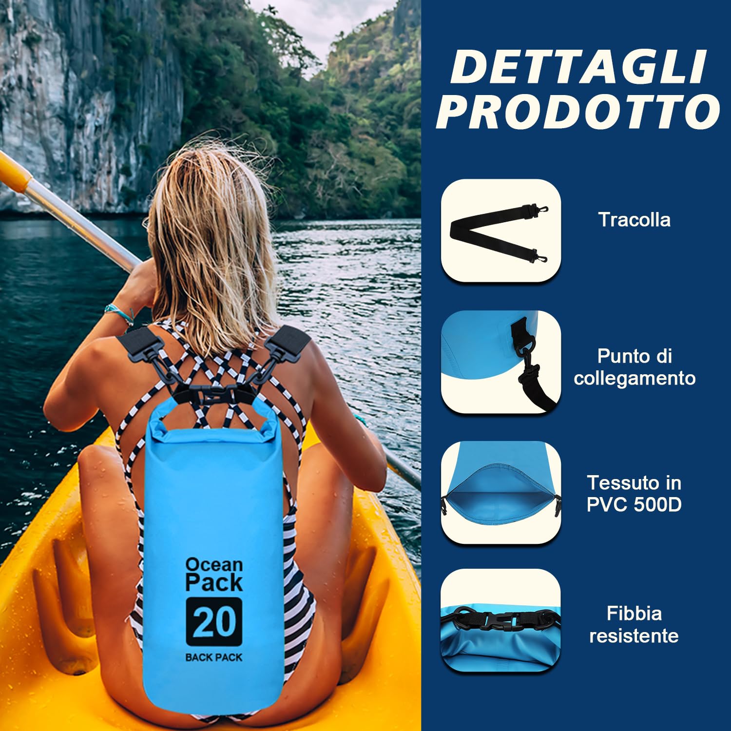 supregear Dry Bag, 20L Borsa Impermeabile, Resistente All'acqua, Zaino Versatile con Doppia Tracolla per Barche, Escursioni, Kayak, Pesca, Campeggio e Altre Avventure All'aperto, Blu