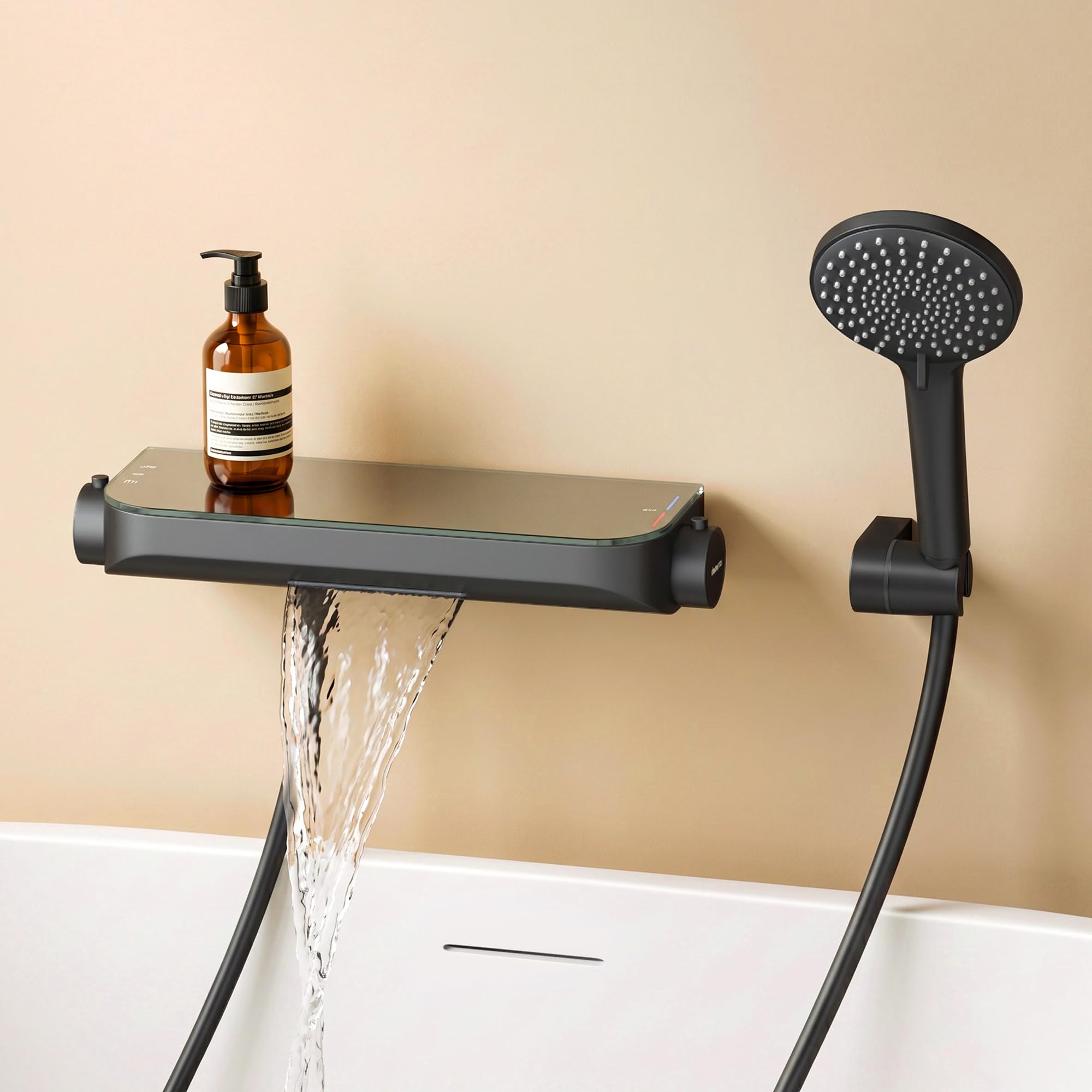 doporro Thermostat Badewannenarmatur mit Handbrause Matt Schwarz | Wannenarmatur aus Messing, Wannenthermostat 4 Strahlarten, Wasserfall-Auslauf Wandarmature mit 1,5m Brauseschlauch Oryntex-03