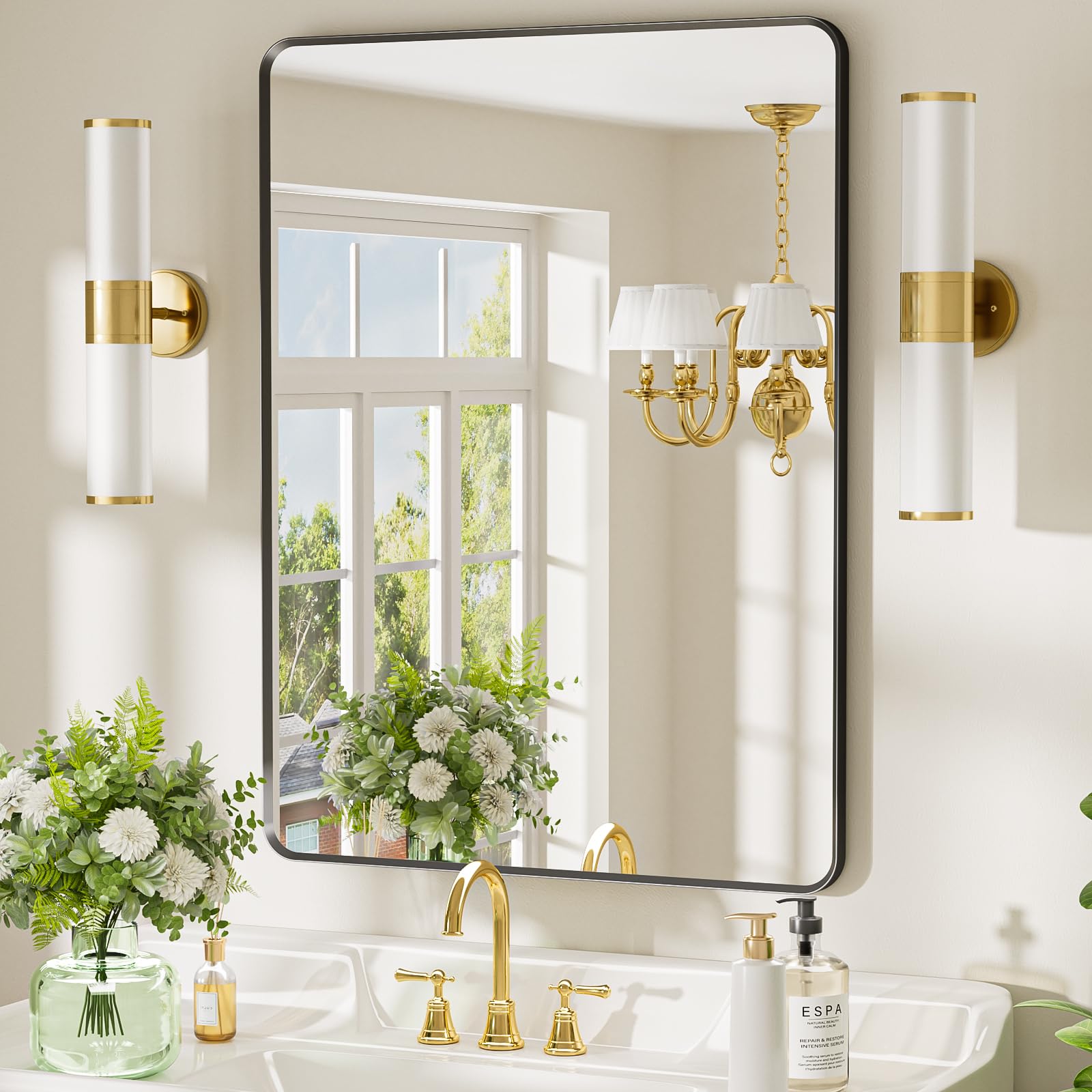 Dimelax 24x36 inch Black Bathroom Mirror, Metal Framed Rounded Rectangle Wall Mount Vanity Mirror, HD Tempered Glass, Aluminum Frame, Horizontal or Vertical Hanging, Modern Home Decor