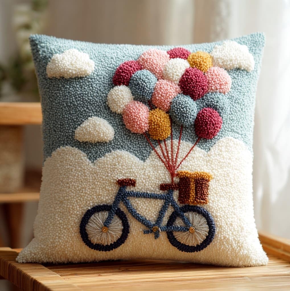 WallustrioaW Pre Printed Latch Hook Kits for Adults Beginners,Balloons on Bicycles,DIY Needlework Pillow Cover Cushion Making Kit for Christmas Birthday Gift,43x43cm