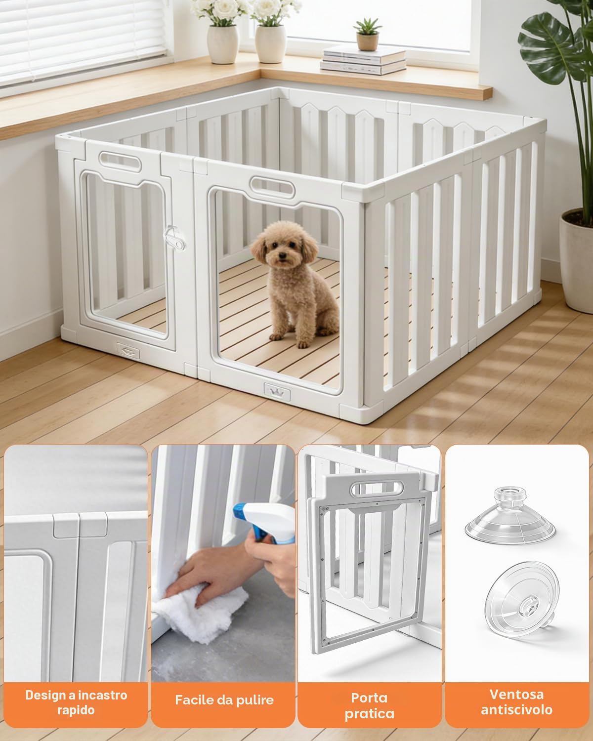 Recinto per Cani da Interno in Acrilico 100 × 60 cm, 8 pannelli Recinto per Cani Pieghevole, fai da te per cani di piccola e media, gatti e conigli, recinzione in plastica per interni, colore bianco