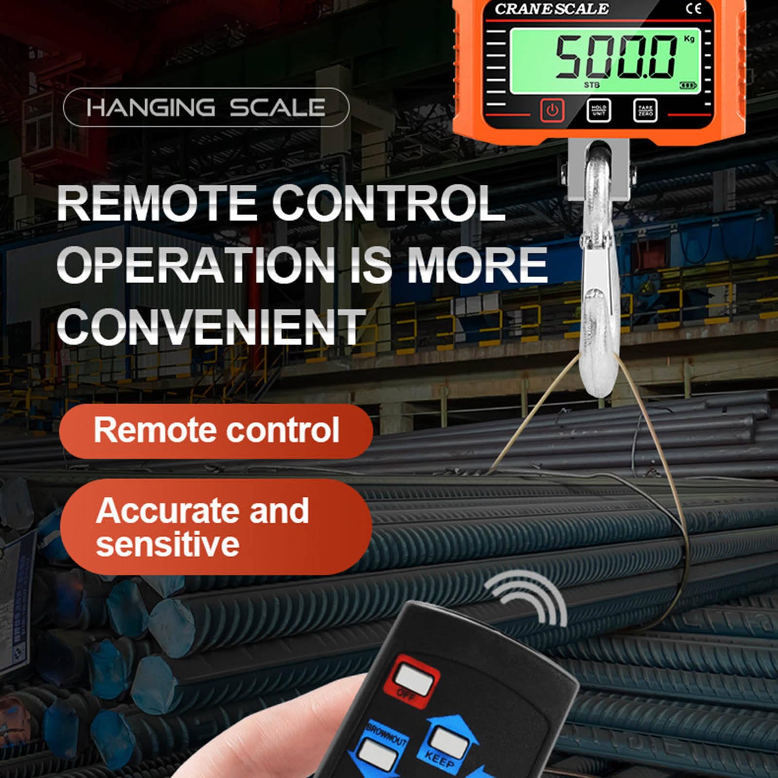 Bilancia digitale sospesa 2000 kg Bilancia per gru per impieghi gravosi Grande LCD Blocco gancio industriale Pesatura in loco Blance 4400 LB Telecomando,Orange-1000kg