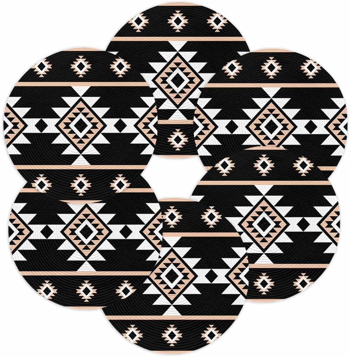 Round Placemats Set of 6 Black Aztec Place Mats Washable Woven Placemat Western Tribal Pattern Circle Braided Table Mat for Kitchen Dining Table Party Home Decor 15 Inch