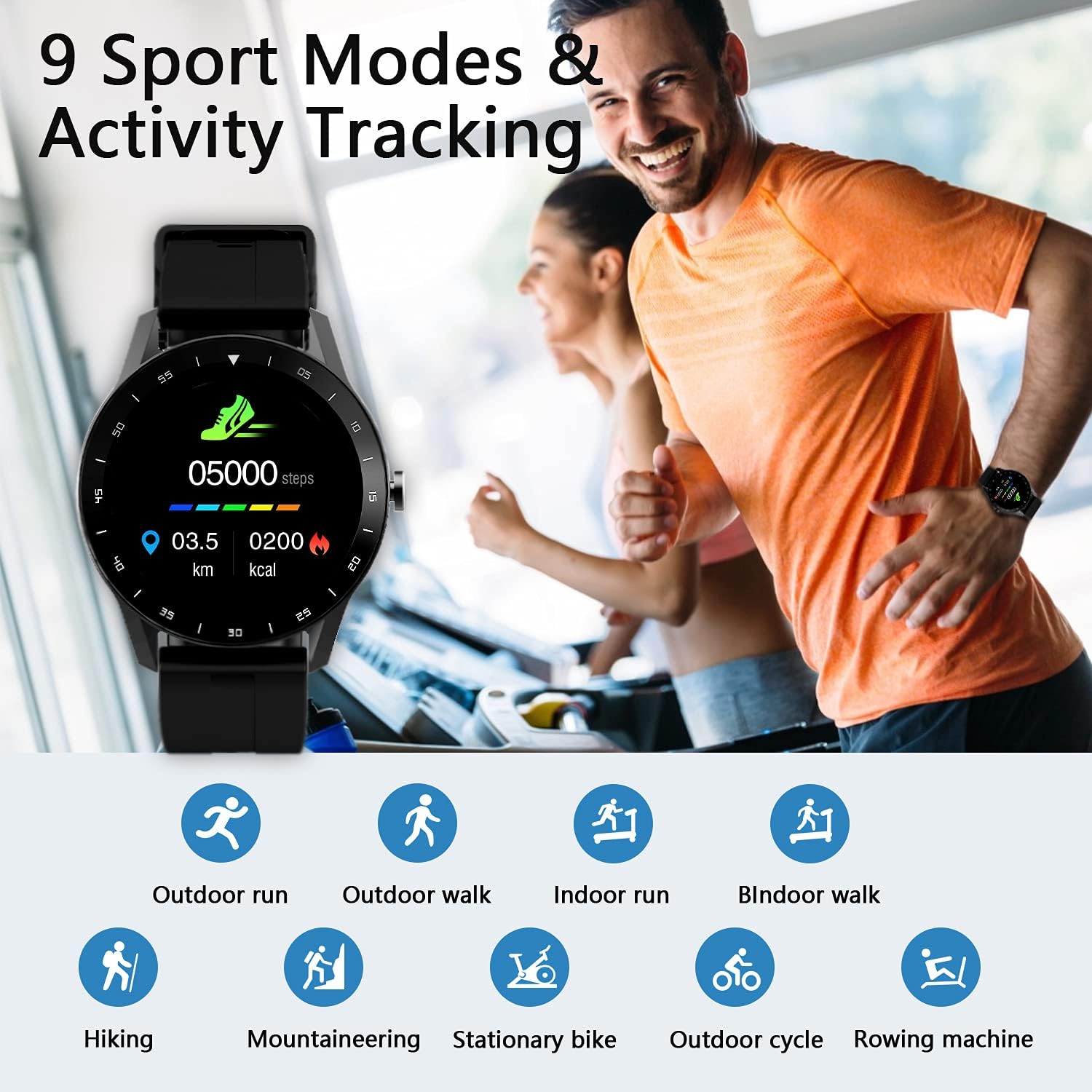 IOWODO Smart Watch for Men, Women Activity Tracker with Heart Rate Monitor Fitness Tracker 5ATM Waterproof Fitness Watch Pedometer Smartwatch Sleep Monitor Sport Watch Compat. with iOS Android Black