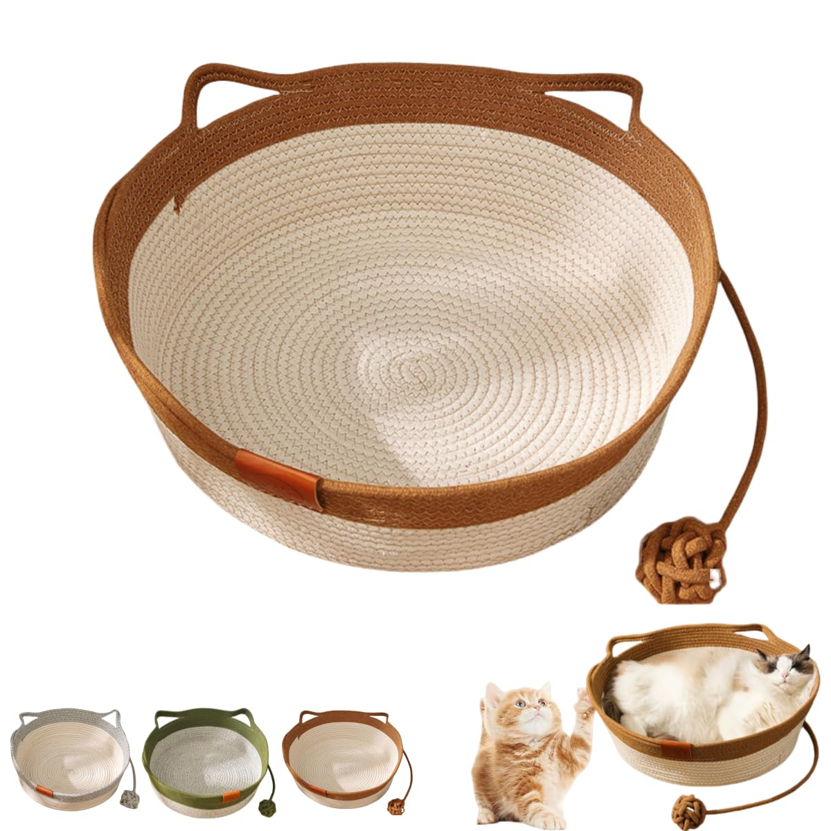 Handwoven Cat Basket Bed - Cat Basket Bed With Cushion & Hanging Ball Toy, Foldable Scratchable Instinct Basket for Cats (Brown, L)