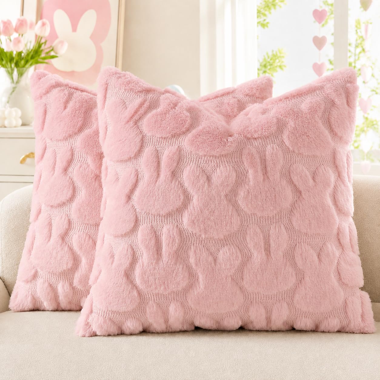 decorUhome Pink Faux Fur Bunny Throw Pillow Covers 18x18 Set of 2