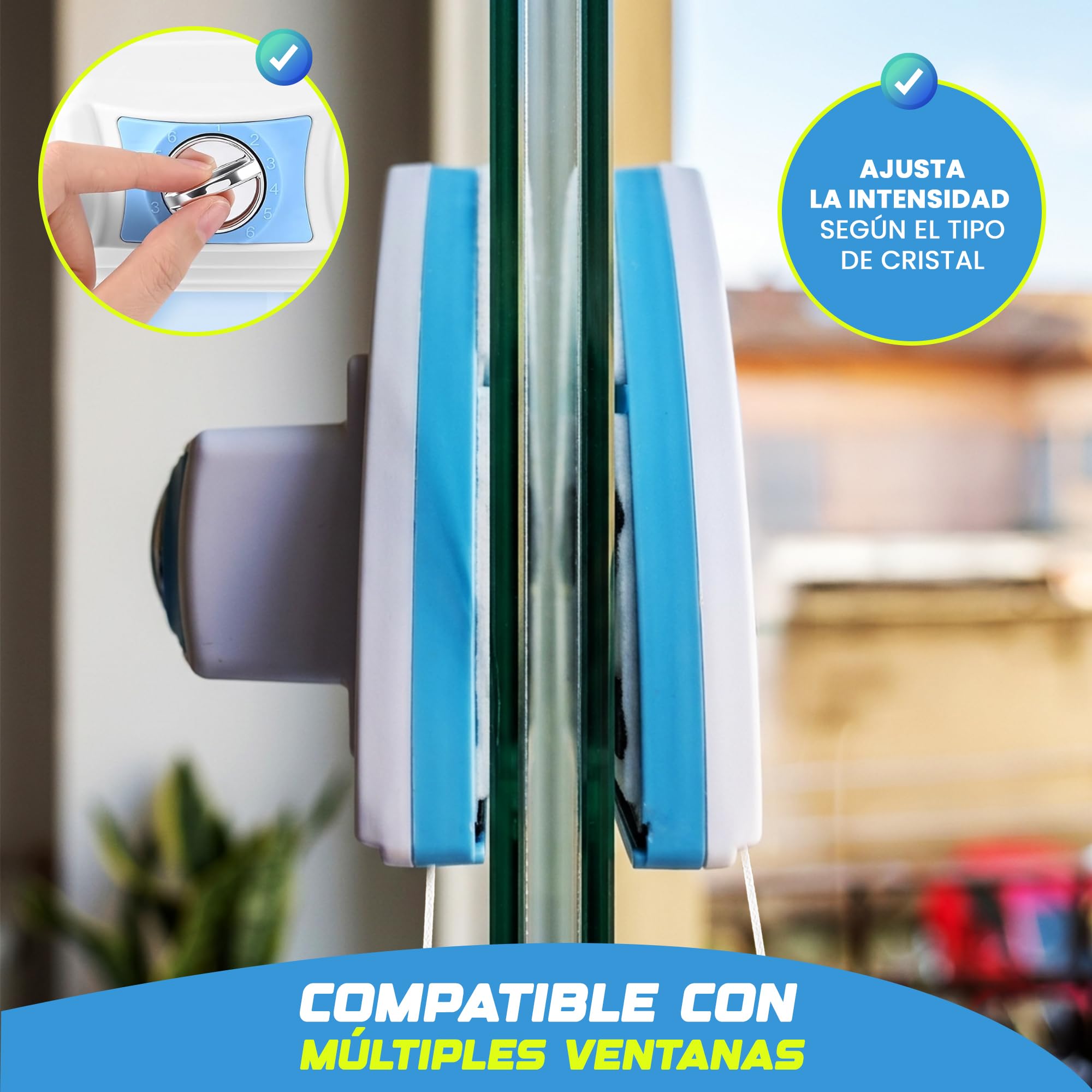 Tergivetri magnetico doppio regolabile per finestre, 5-25 mm, pulitore per vetri magnetico con regolatore di spessore, corda di sicurezza e ricambi inclusi, pulisce i vetri esterni