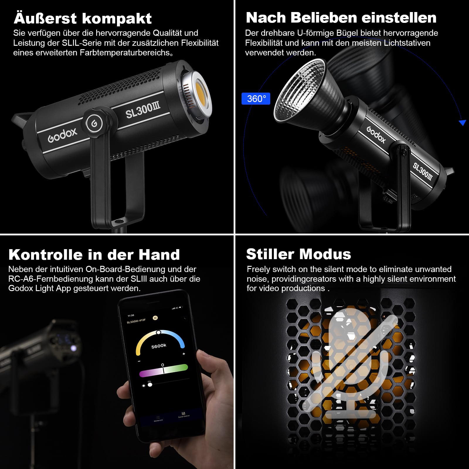 Godox SL300III Silenciar con Toque Sistema X inalámbrico 2.4G Multi-Efectos de luz FX Montaje Bowens Fotográfica Regulable 5600K±300K Soporte para el Control de App Brillo
