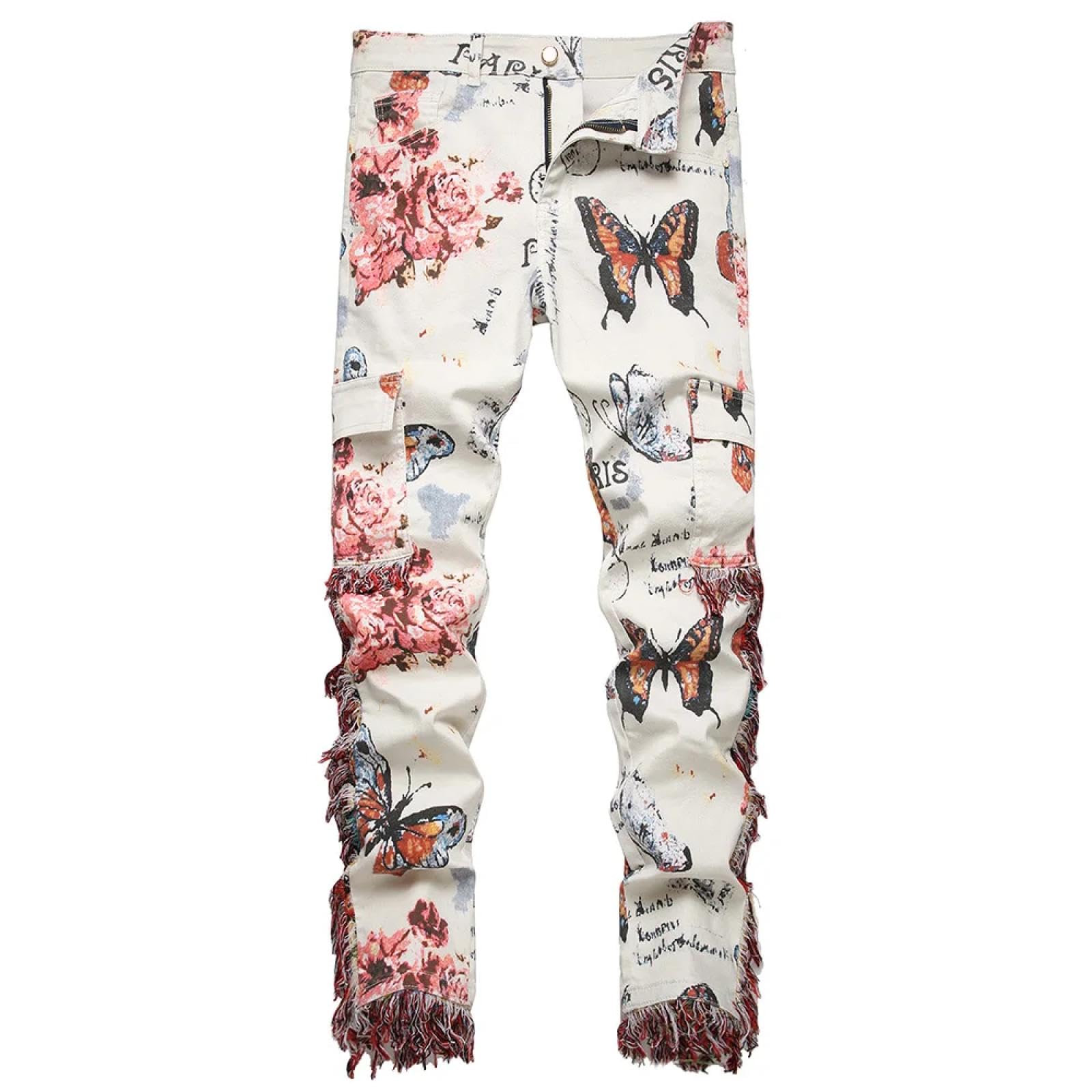 Jeans Pantalon Männer Jeans Mit Schmetterlingsblumenmuster Quasten Schmale Gerade Hosen Taschen Hosen Hosenmuster
