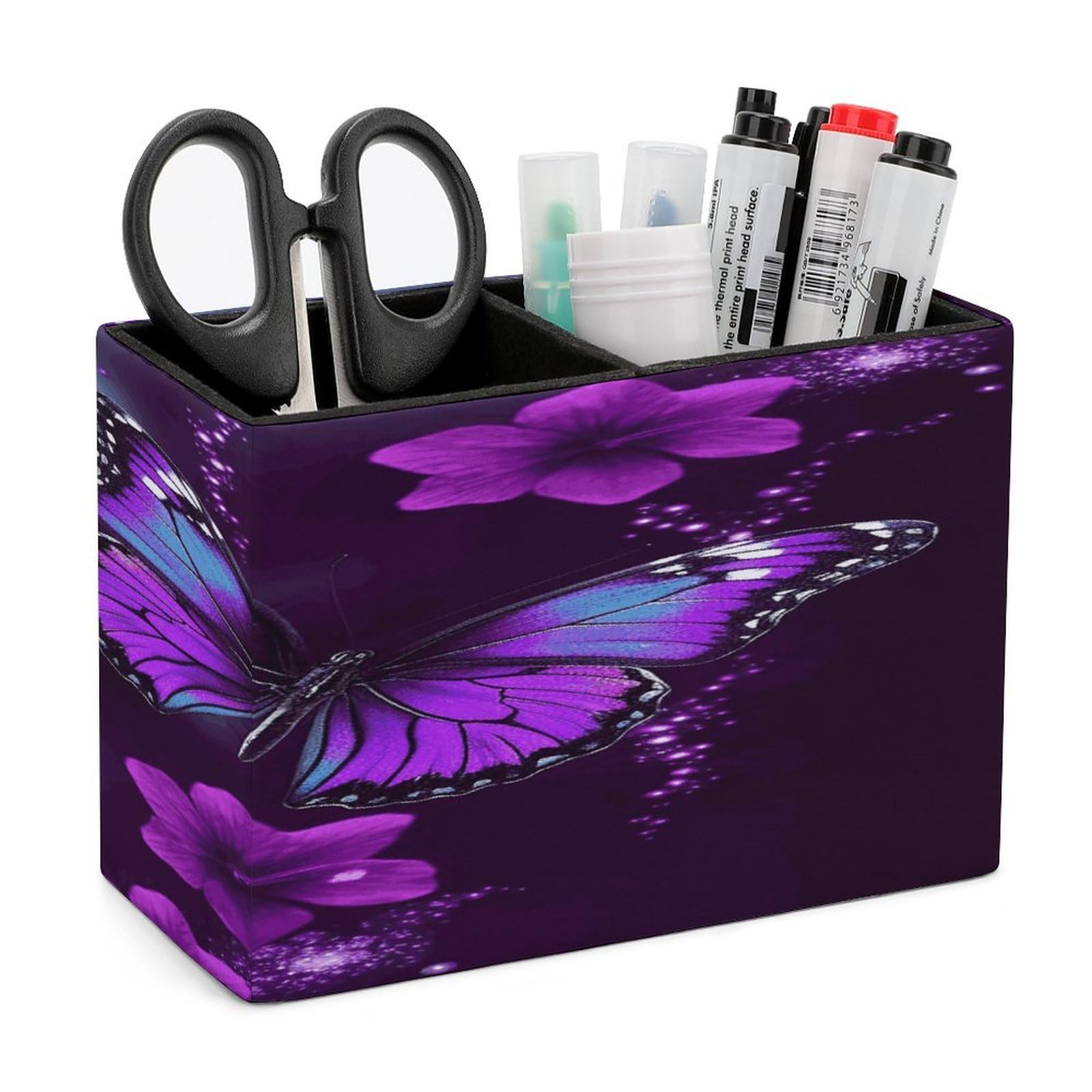 FekiLoot Purple Butterfly Leather Pen Holder for Desk Double Compartments Brush Minimalist PU Leather Pencil Holder Locker Organizer for Work Locker Accessories Pencil Cup for Desk