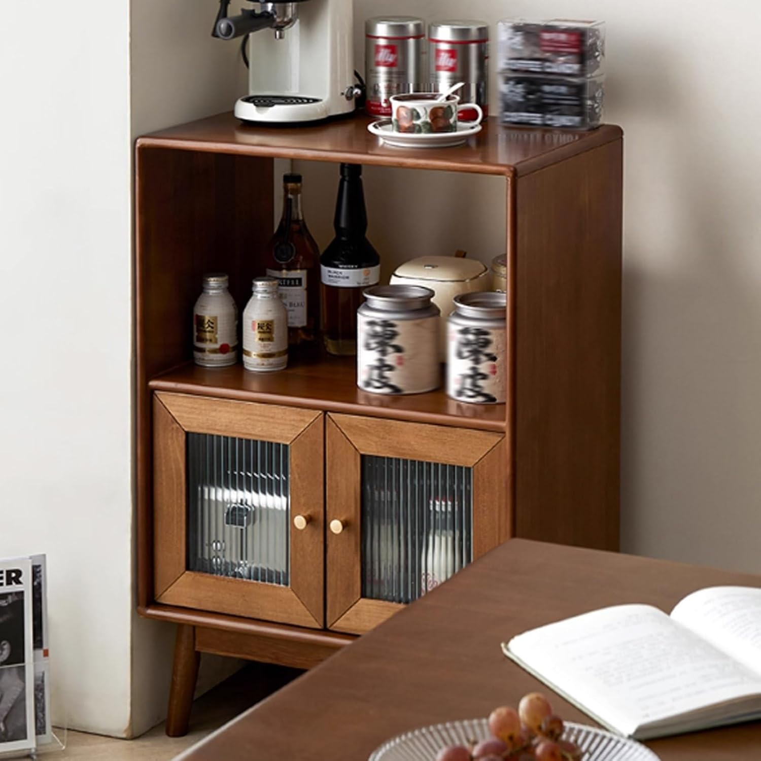 Wood Buffet Cabinet with Storage, Kitchen Buffet Storage Cabinets with Glass Doors, Storage Cabinet Buffet Table Wine Bar Coffee Bar Table for Kichen, Dinning Room(Brown)