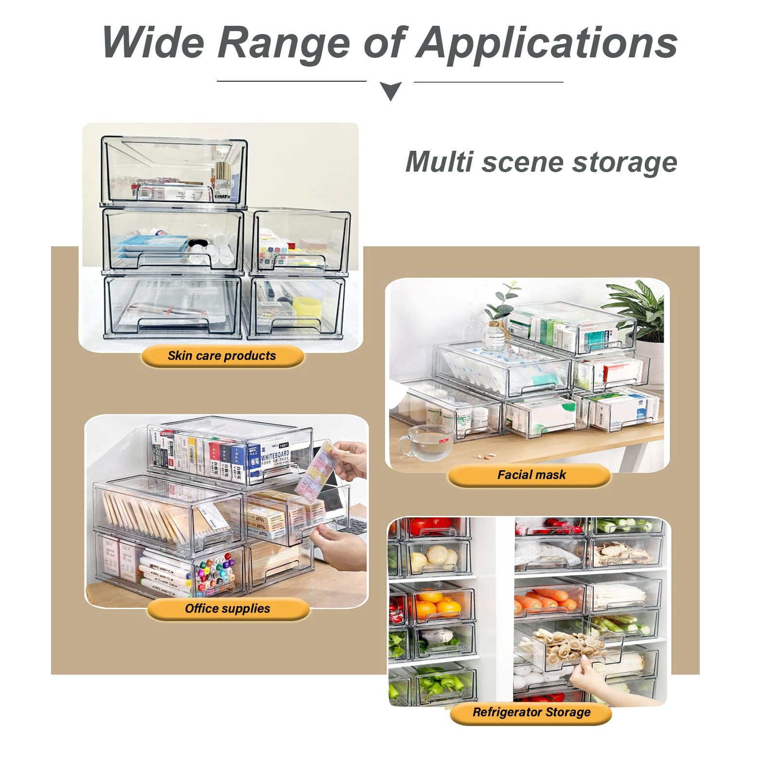 Cajones de almacenamiento apilables, organizador extraíble transparente con asas y almohadillas antideslizantes para cocina, refrigerador, escritorio de oficina, despensa y estantes, perfecto para 3