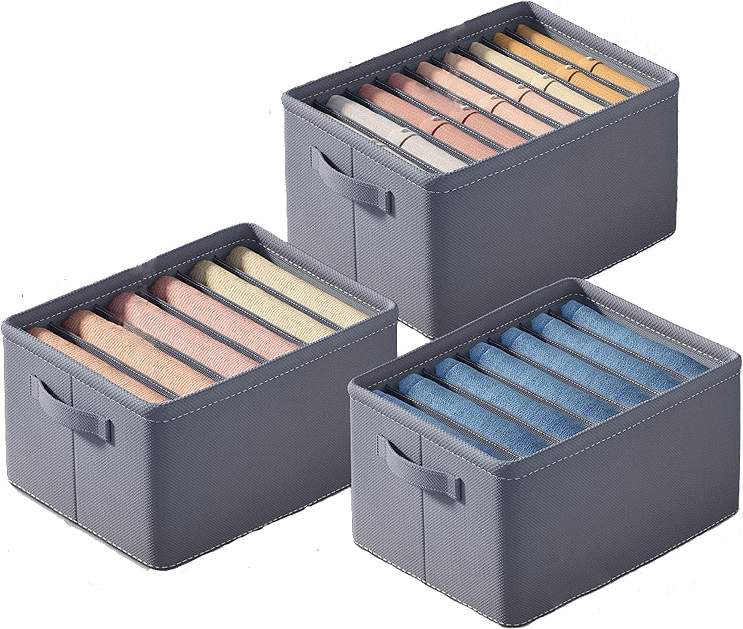 Wardrobe Clothes organizer, Large 3 Pack 22 Grids Jeans organizer for Closet Storage with Handles, Tshirt, Pants, Foldable Drawer organizers Dividers for Clothing