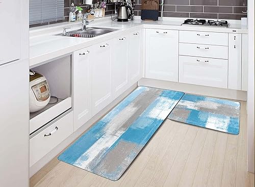 Vista 71 de TOMWISH - Tapetes de cocina para piso, color turquesa, gris, abstracto, pintura artística, 17 x 48 + 17 x 24 pulgadas, juego de alfombras de cocina