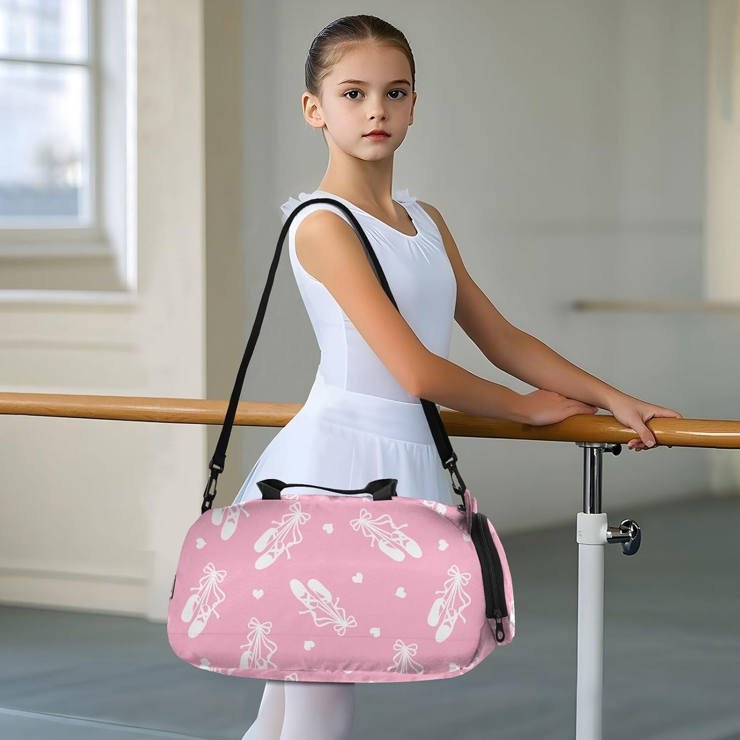 Pink Ballet Print Dance Bag for Girls Ballet Bag with Shoe Compartment, Kids Dufflefor Gym, Cheerleading, Sports, Birthday Gift for Little Dancers