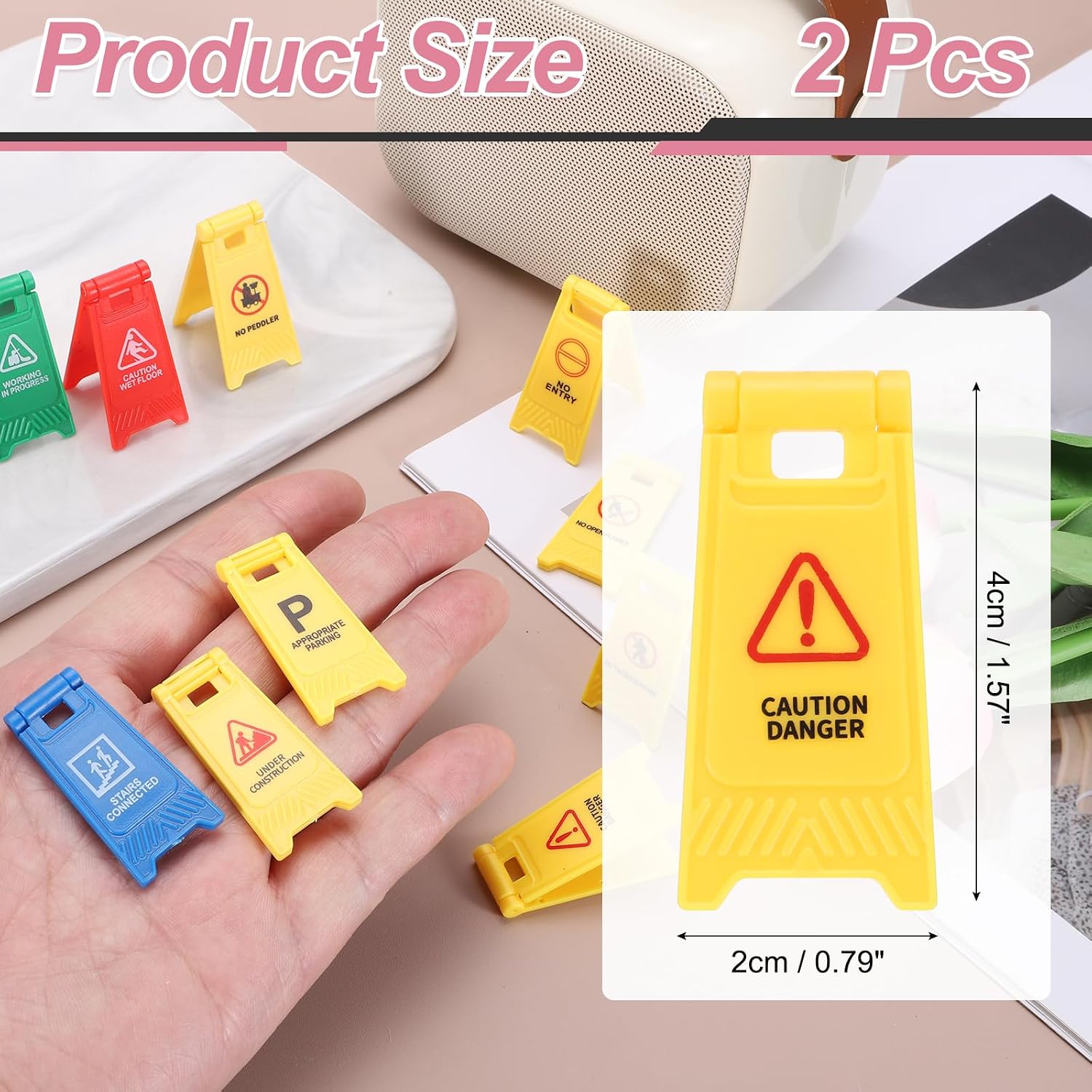 Miniature Warning Sign, Caution Danger Signs, Plastic Street Scene Model Mini Floor Caution Sign, Perfect for Dollhouse Decor Role Play Construction Toy (Yellow, 2 Pcs) image 2