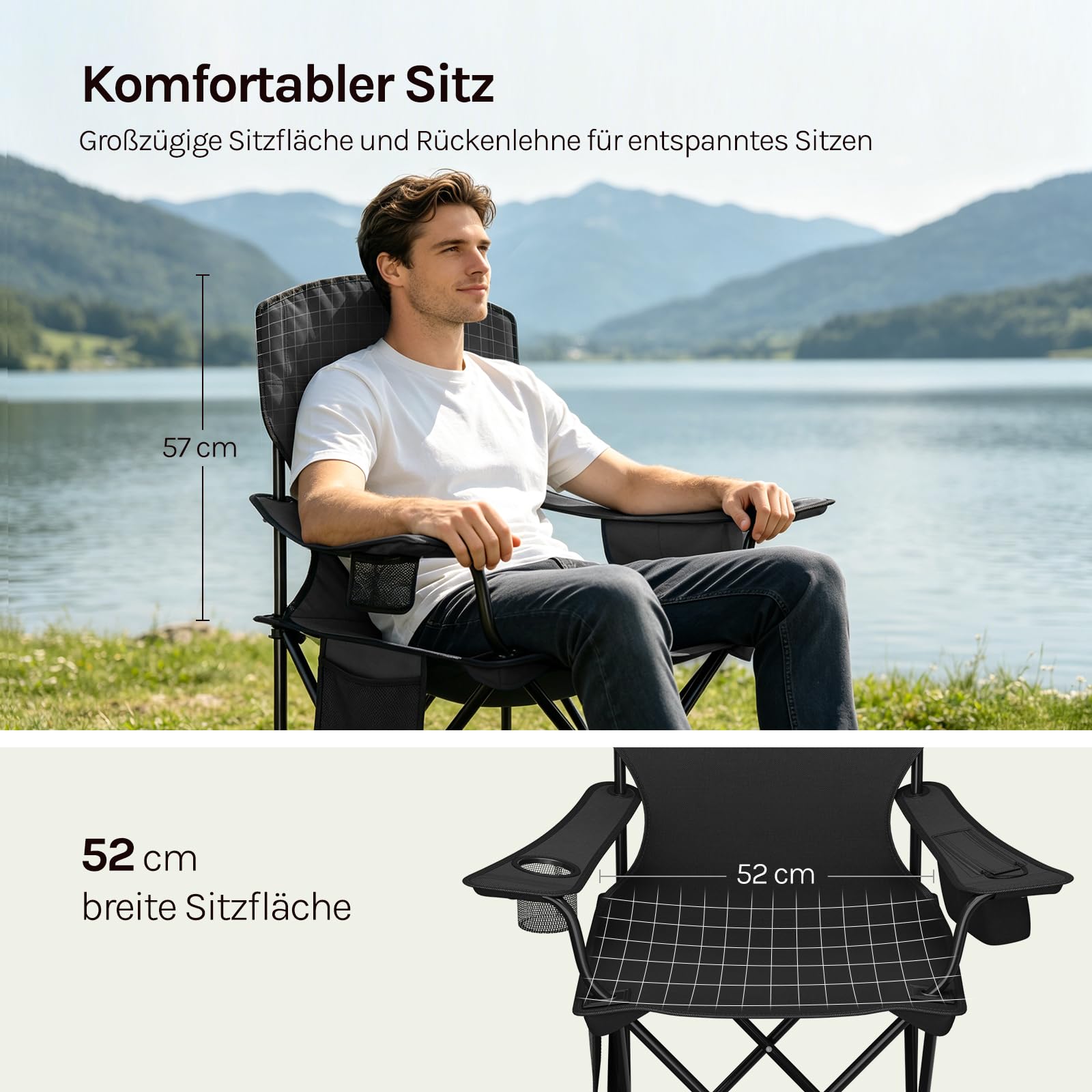 WOLTU Campingstuhl 2er Set Klappstuhl Faltbar bis 130 kg Belastbar mit Getränkehalter Seitentasche & Kühltasche, Outdoor Angelstuhl Camping Klappstuhl für Strand Angeln,Schwarz