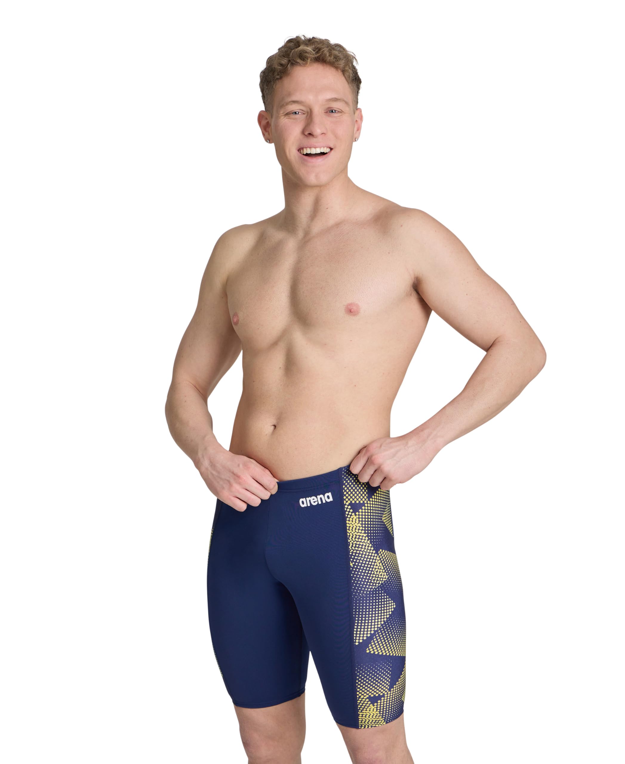 Arena Men's Navy/Team Navy Yellow Performance Halftone Swim Jammer Athletic Swimwear Professional Swimsuit Trunks, 34