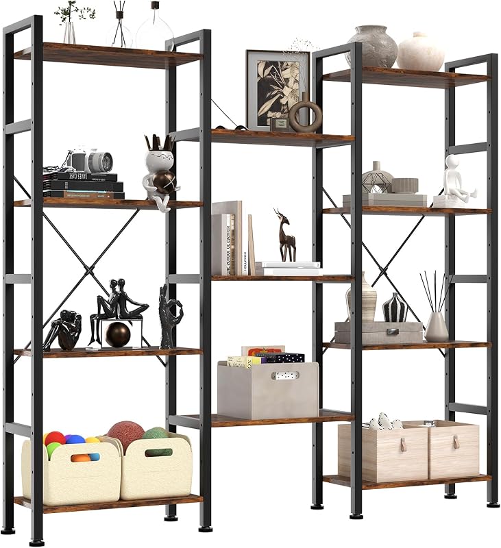 DUMOS Triple Column 4 Tier Bookshelf, Wide Industrial Bookcase, Brown | Convertible Display Unit, Adjustable Shelves for Living Room & Home Office, Freestanding Storage Decor Organizer