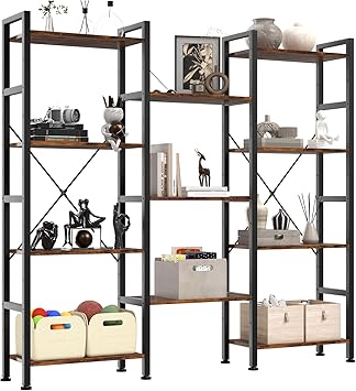 DUMOS Wide Bookshelf with Adjustable Shelves, Convertible 3-Column 4-Tier Display Unit, Industrial Bookcase for Living Room & Home Office, Sturdy Freestanding Storage Decor Organizer, Rust