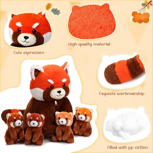 Miniatura 3 de Syhood Juego de 5 peluches de panda rojo de 13 pulgadas, mamá panda rojo con 4 lindos bebés en su vientre, peluche suave con cremallera para niños y
