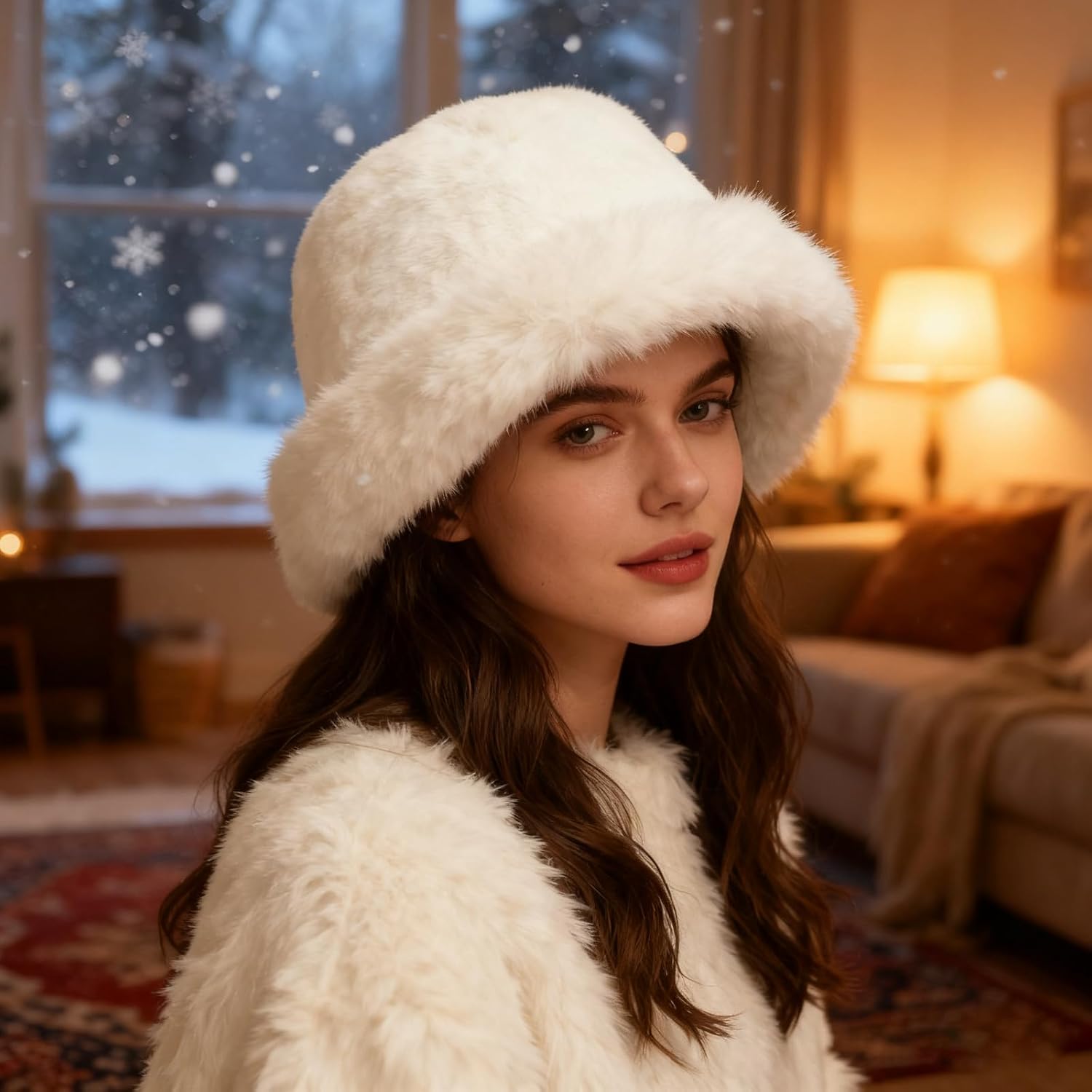 Gvhntk Women's Fuzzy Wide Brim Faux Fur Bucket Hat Winter Plush Fuzzy Warm Hat Furry Fisherman Cap for Men Casual Skiing White