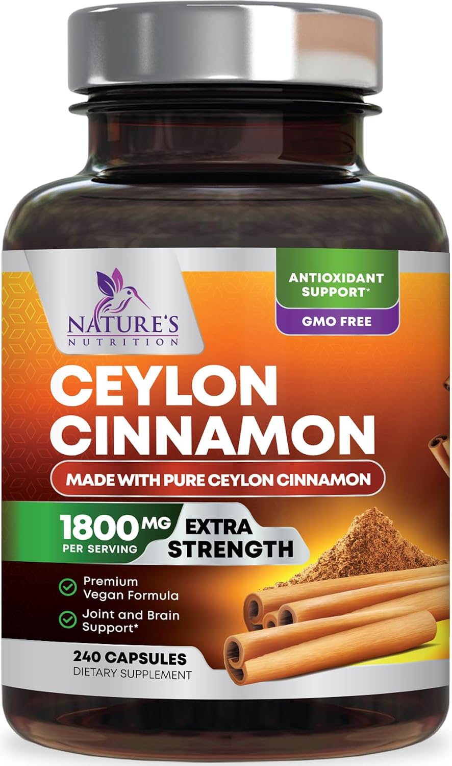 Organic Ceylon Cinnamon Capsules 1800mg - Extra Strength Certified Organic Ceylon Cinnamon Supplement - Energy & Heart Support Antioxidant Pill for Women & Men, Bottled USA - 240 Capsules