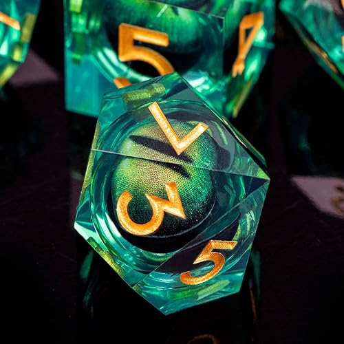 Miniatura 6 de Beholder's Juego de dados de ojo de dragón de resina de borde afilado con caja, juego de dados poliédricos DND verdes con núcleo líquido D y D para