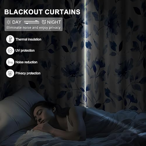 Miniatura 2 de Juego de 2 paneles de cortinas opacas florales azules de 84 pulgadas de largo, con aislamiento térmico insonorizado, con ojales, para oscurecer la