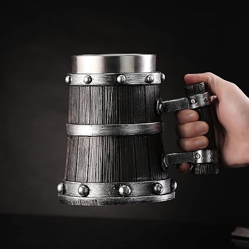 Miniatura 3 de Viking - Jarra de barril de madera creativa pintada a mano, jarra de cerveza de resina pintada a mano, 304 SS Liner, copa de vino, taza de café