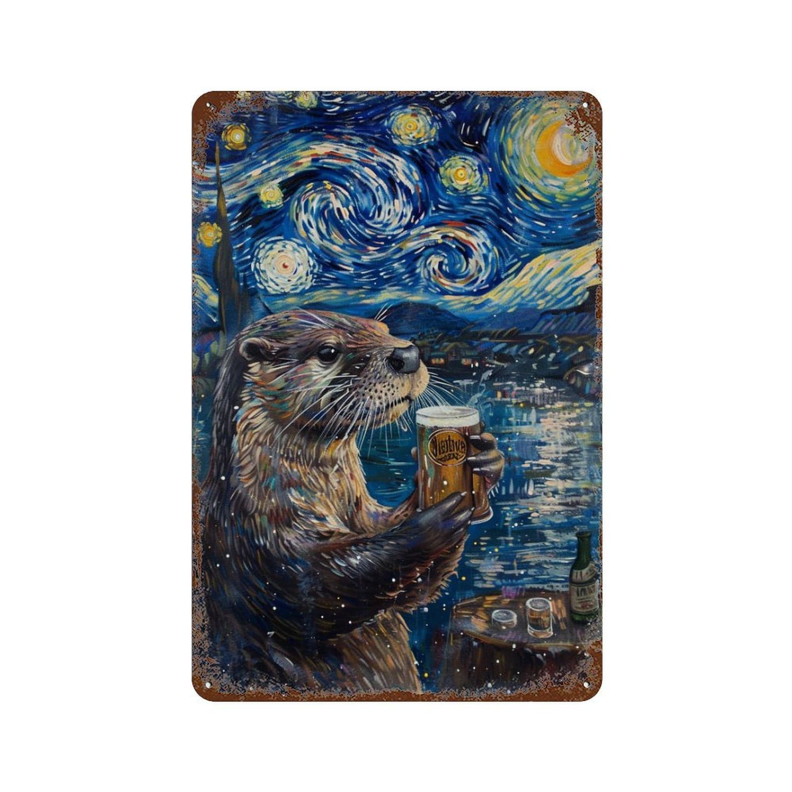 Otter Night Sky Beer Art Print Rust Effect Tin Sign 11.8"x7.9", Vintage Wall Decor for Bistro, Counter And Cafe Decor