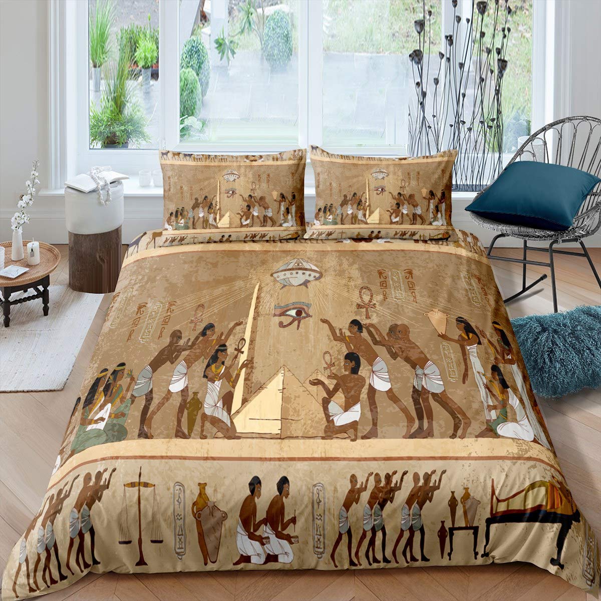 Egipto Culture Juego de ropa de cama para niñas y niños estilo antiguo Egipto funda de edredón decorativa patrón egipcio funda de edredón retro mural colcha funda super king colección de ropa de cama