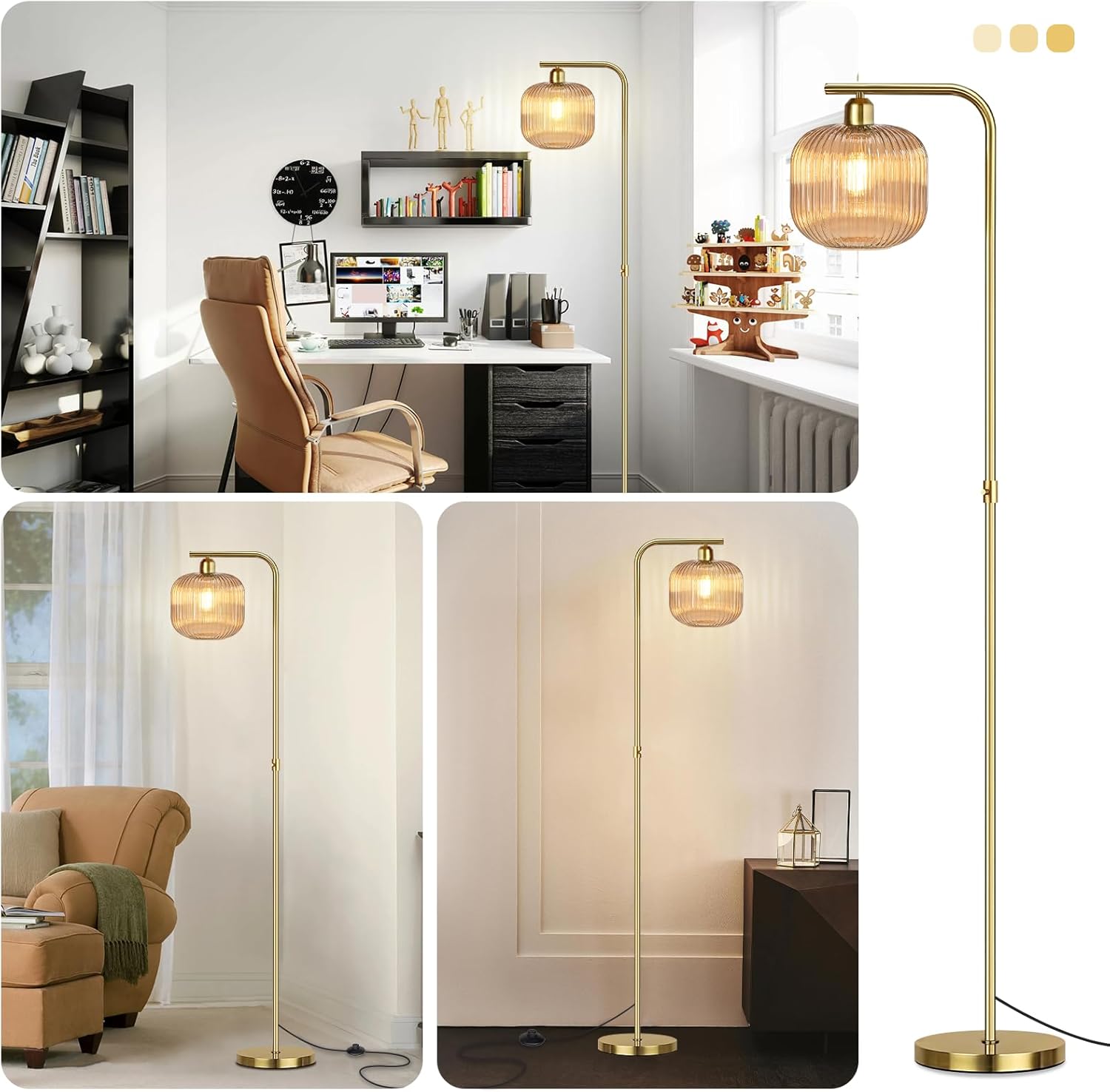 Glass Floor Lamp for Living Room, Mid Century Modern Dimmable Floor Lamp with Amber Glass Shade and Pedal Switch, 67" Tall Vintage Gold Standing Lamp for Bedroom Study Room