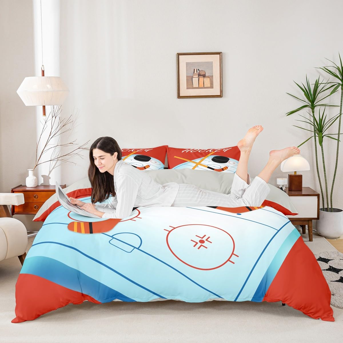 Homewish Zestaw pościeli King do hokeja na lodzie, sportowa poszewka na kołdrę dla chłopców, dzieci, nastolatków, zestaw pościeli z motywem krążka hokejowego, poszewka na kołdrę do gier, 3-częściowa