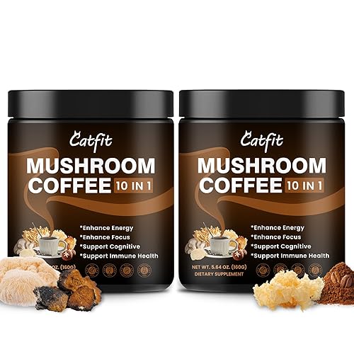 Catfit Instant Mushroom Coffee Powder, 10-in-1 Adaptogen Blend with Lion's Mane, Chaga & Cordyceps for Energy, Focus, Gut Health & Immune Support - 320g, 100 Servings