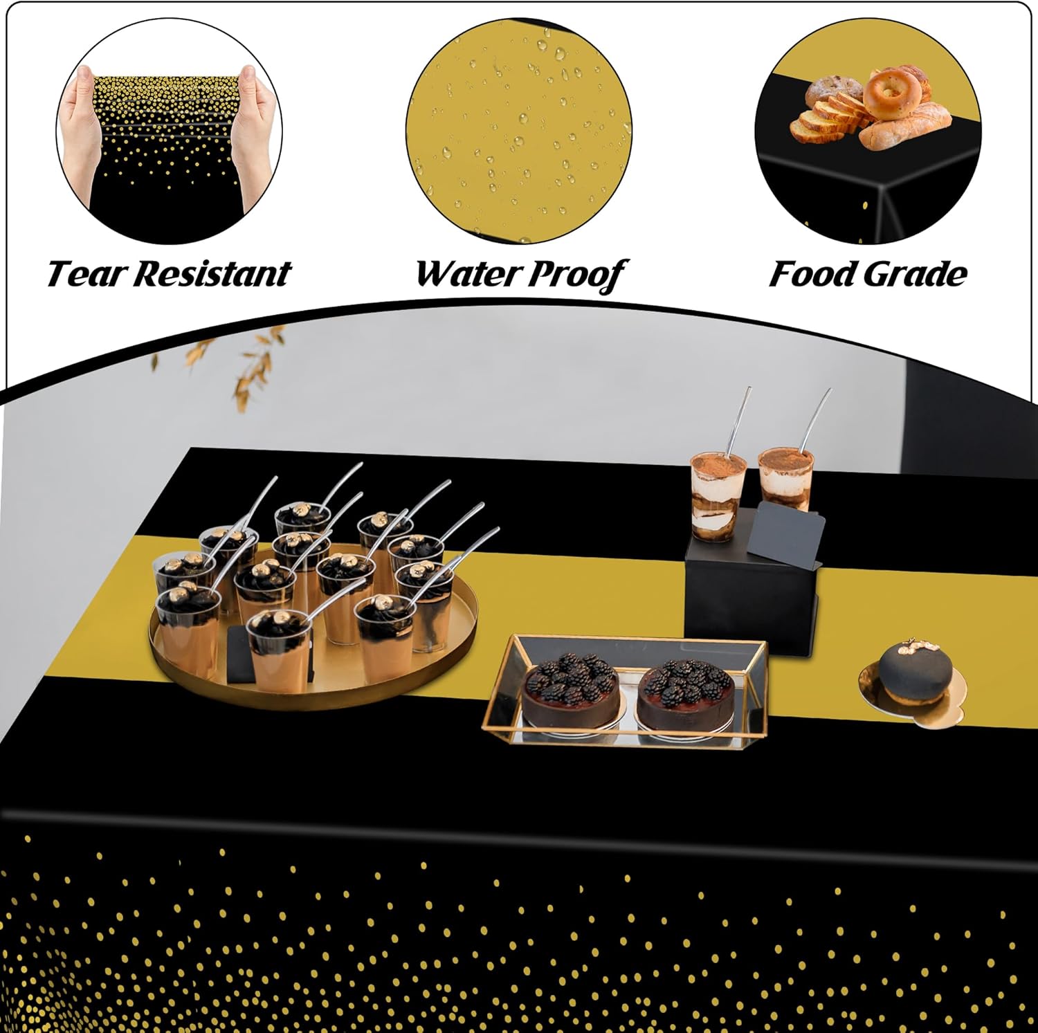 4Pack Black and Gold Tablecloths for Events, 54" x 108" Plastic Table Cloth Disposable for Rectangle Tables, Waterproof Table Cloth Cover for New Years Eve Decorations Holiday Birthday Wedding Dining - Image 3
