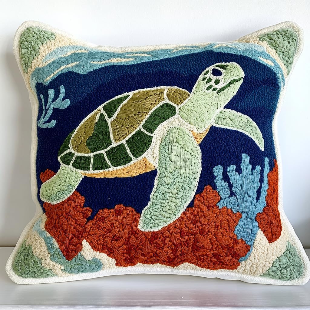 DIY Punch Needle Pillow Kit Green Sea Turtle and Corals with Pattern and Hoop Handmade Embroidery Punch Needle Starter Pillowcase Set for Home Sofa Decor 43x43cm-1-27