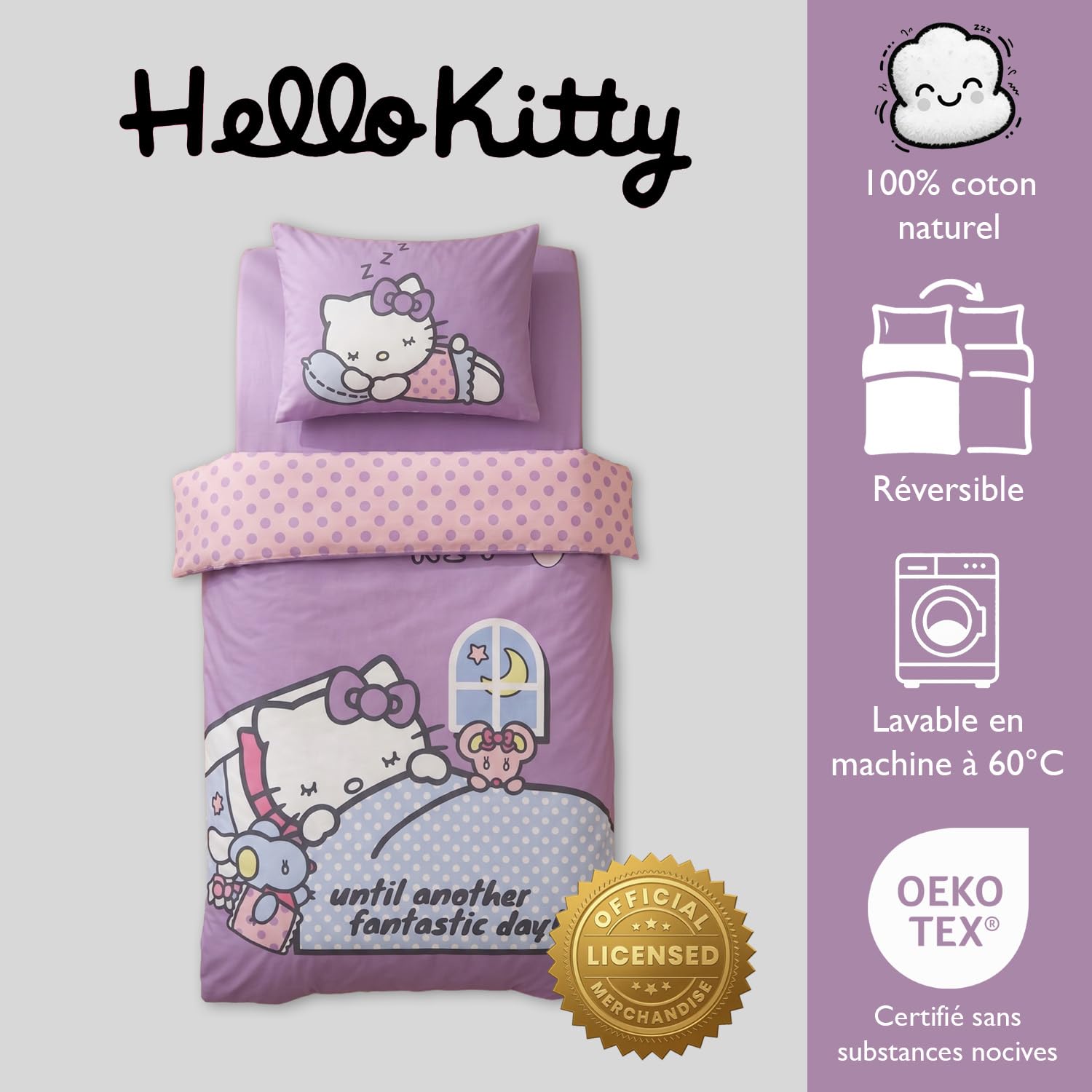 Hello Kitty Copripiumino Neonato 100x135 + Federa 40x60 Cotone Viola Rosa | Lettino reversibile | Cotone naturale morbido traspirante Oeko-Tex | Sanrio | Bambine 0-3 anni | Lettino sbarre | Idea regalo